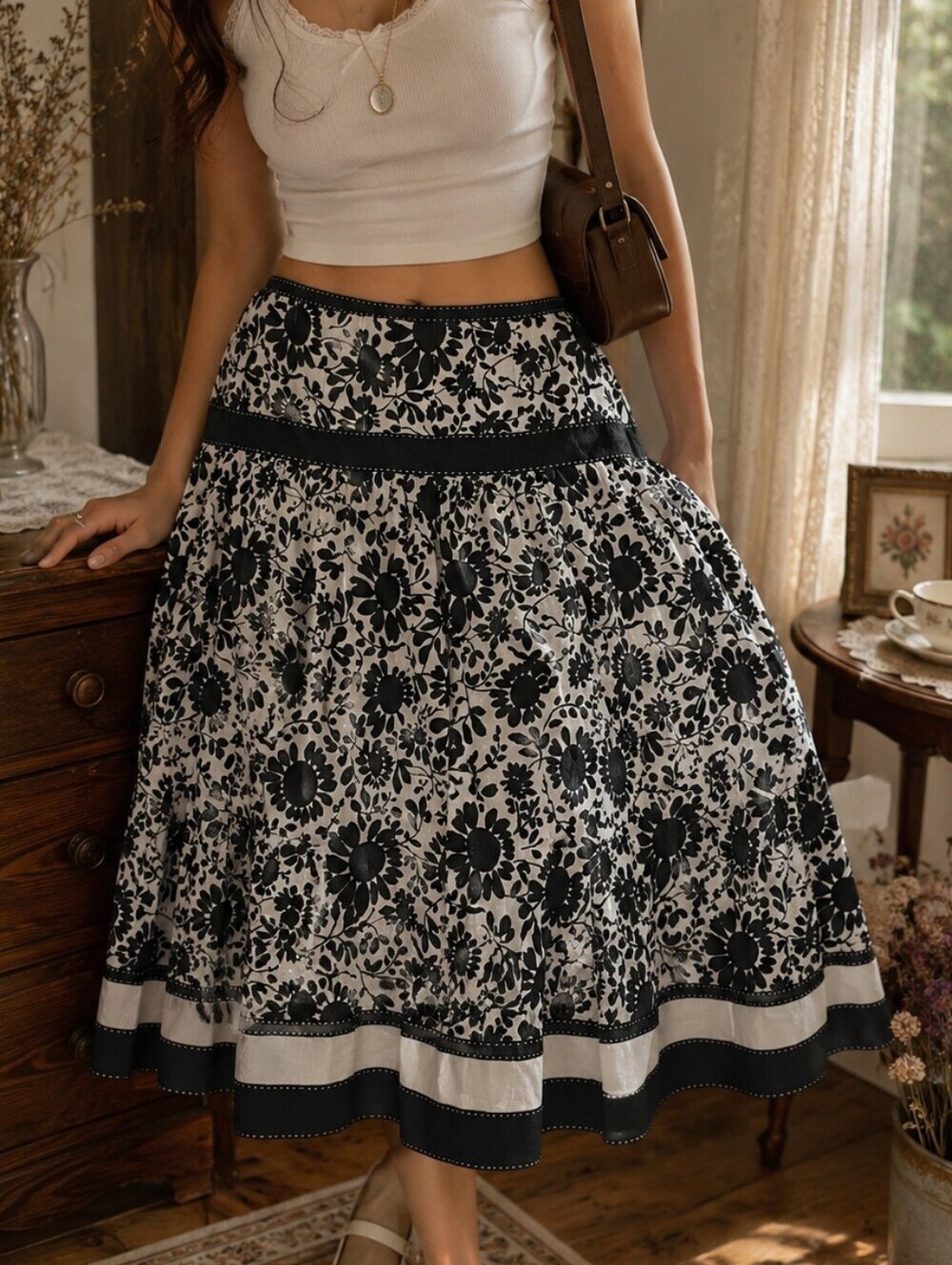 Autograph New York Floral Cotton Skirt Black White Y2K Boho Size 10